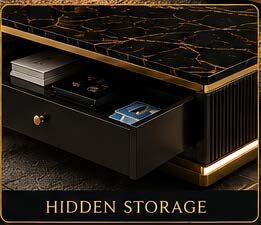 Smart Teapoy drawer open showing hidden storage for books and everyday items