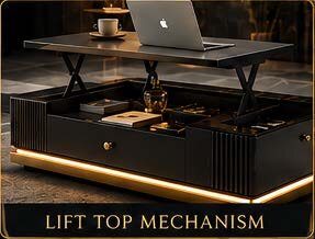 Smart Teapoy lift-top raised for laptop use, with a laptop and coffee cup on top