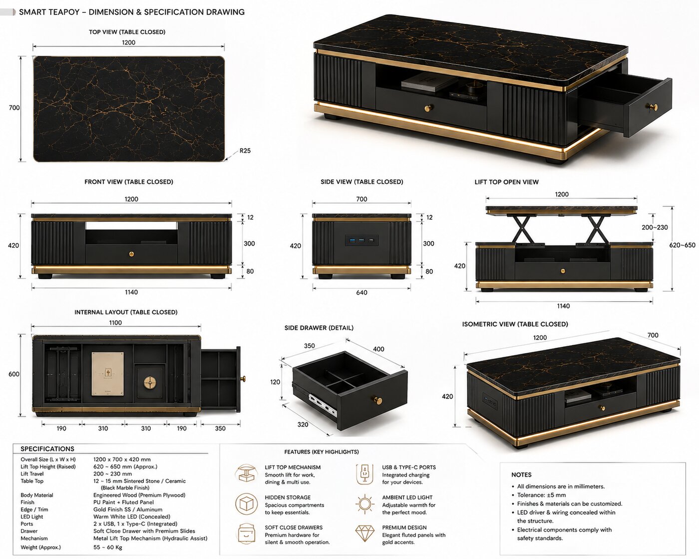 Smart Teapoy dimension and specification drawing showing top, front, side, lift-top open, internal layout, drawer detail, and isometric views with a specifications table